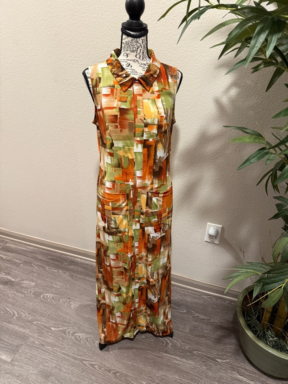 Glamour Sleeveless Collared Maxi Dress in Orange, Green and Cream